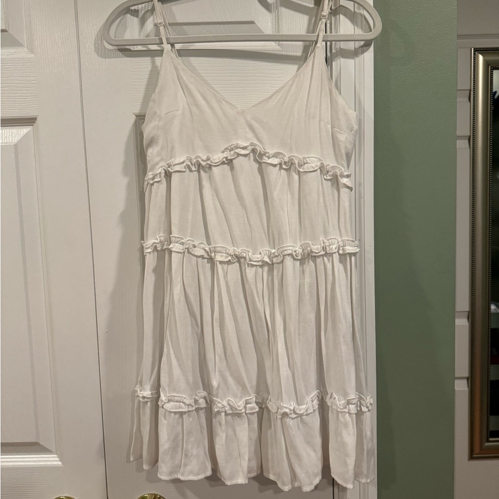 White Spaghetti Strap Mini Dress with Ruffle Details - Medium